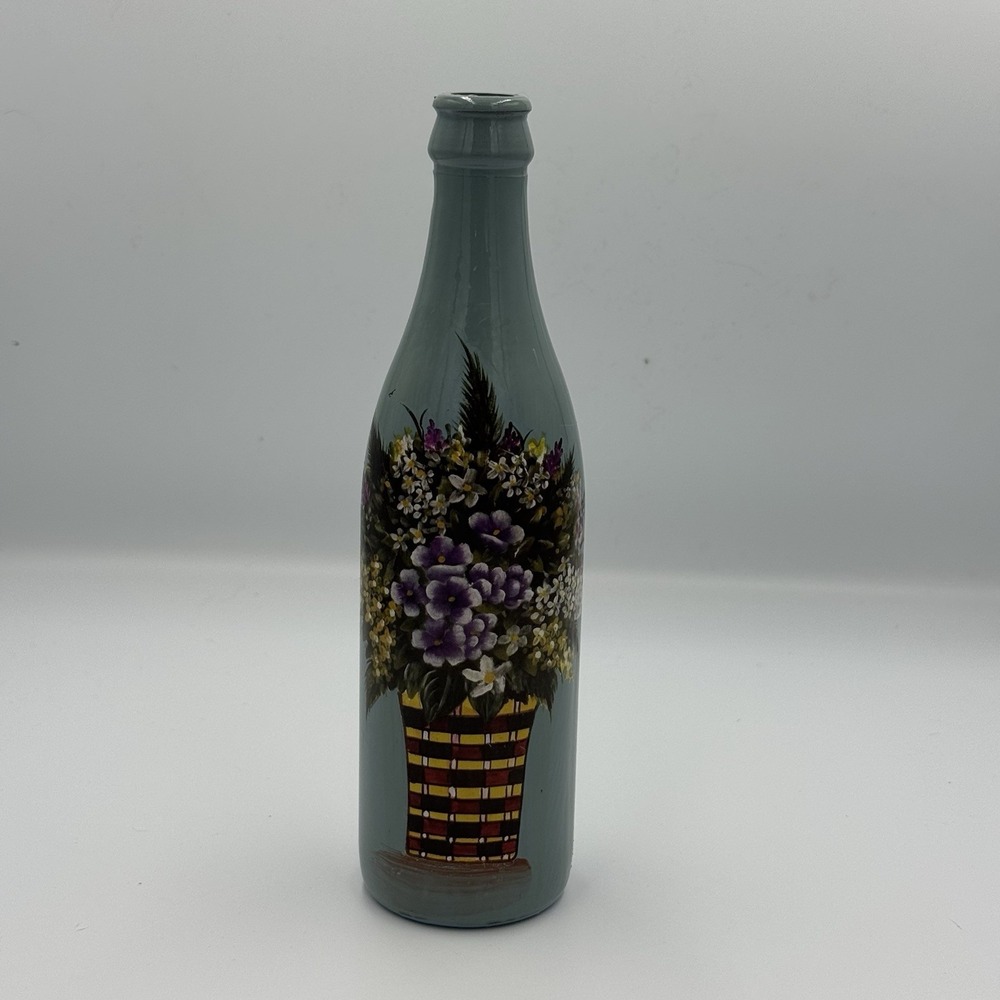 Vintage Hand-painted Bottle Blue With Flower Basket